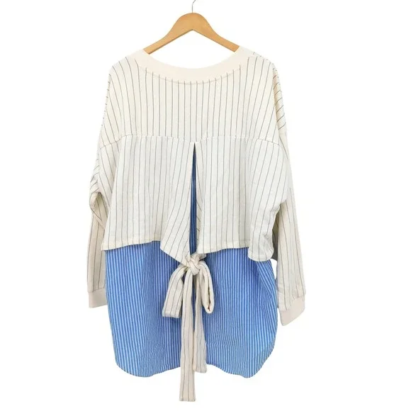 By Anthropologie French Terry Twofer Sweatshirt Striped Layered Tie Waist Top XL - Picture 3 of 6